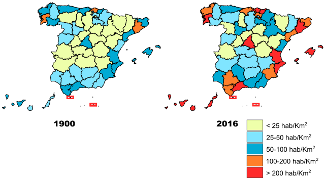 Densidad de población en 1900 y 2016 Densidad de población en 1900 y 2016