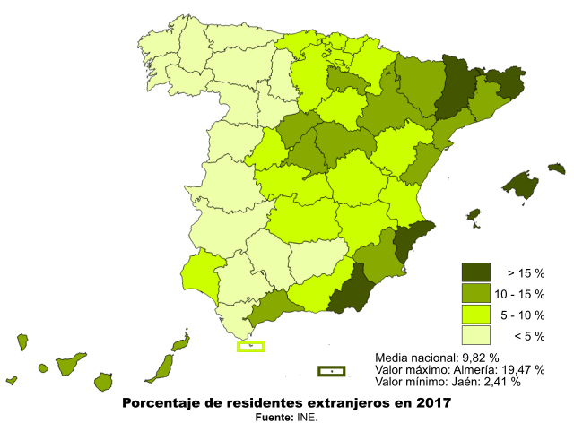 Porcentaje de extranjeros en 2017 Porcentaje de extranjeros en 2017